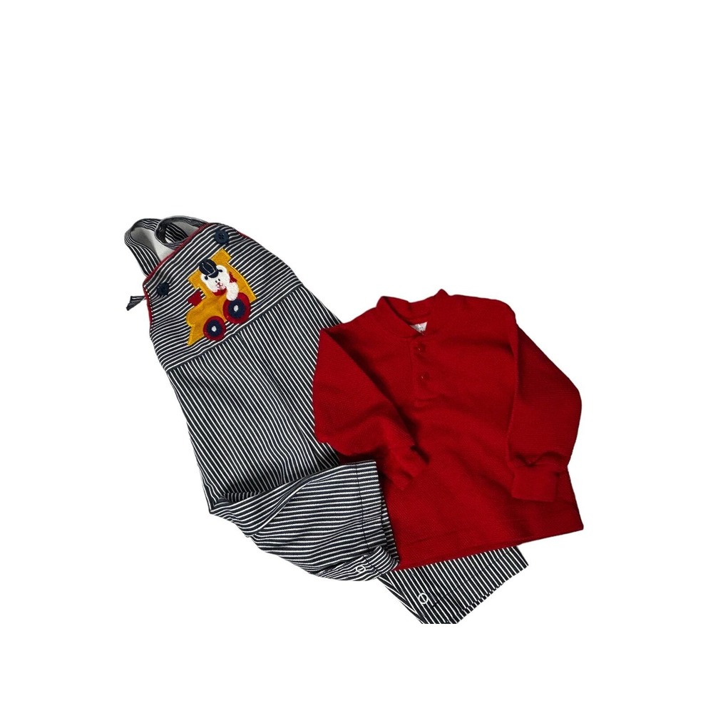 Health tex sz 9 months 2pc railroad‎ stripe overalls red long sleeve USA